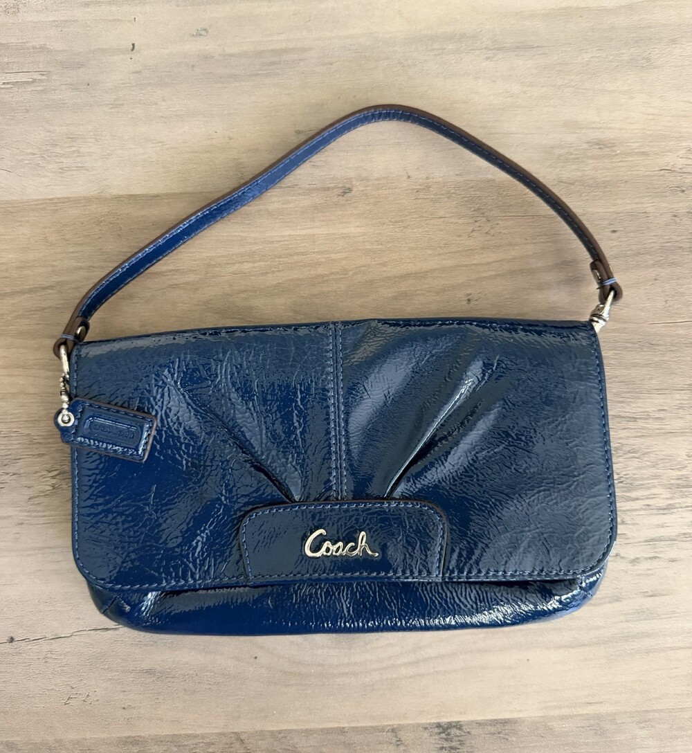 Coach Ashley F49415 Navy Patent Leather Large Flap Wristlet Pleated Gold Logo